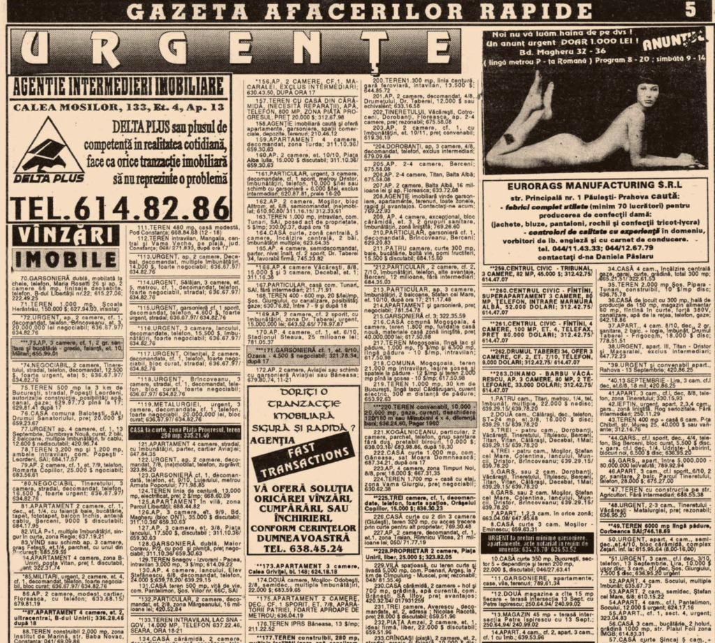 Anunțuri imobiliare la ziar, în 1995
