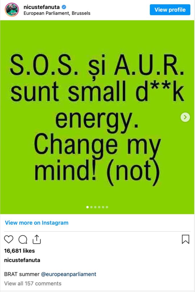 Postarea inițială a lui Nicu Ștefănuță în care a încercat să integreze trendul brat Summer. Ea a fost ștearsă ulterior.